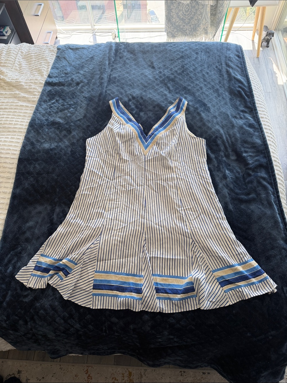 Halston Striped Blue & White Sundress with Contrast Trim